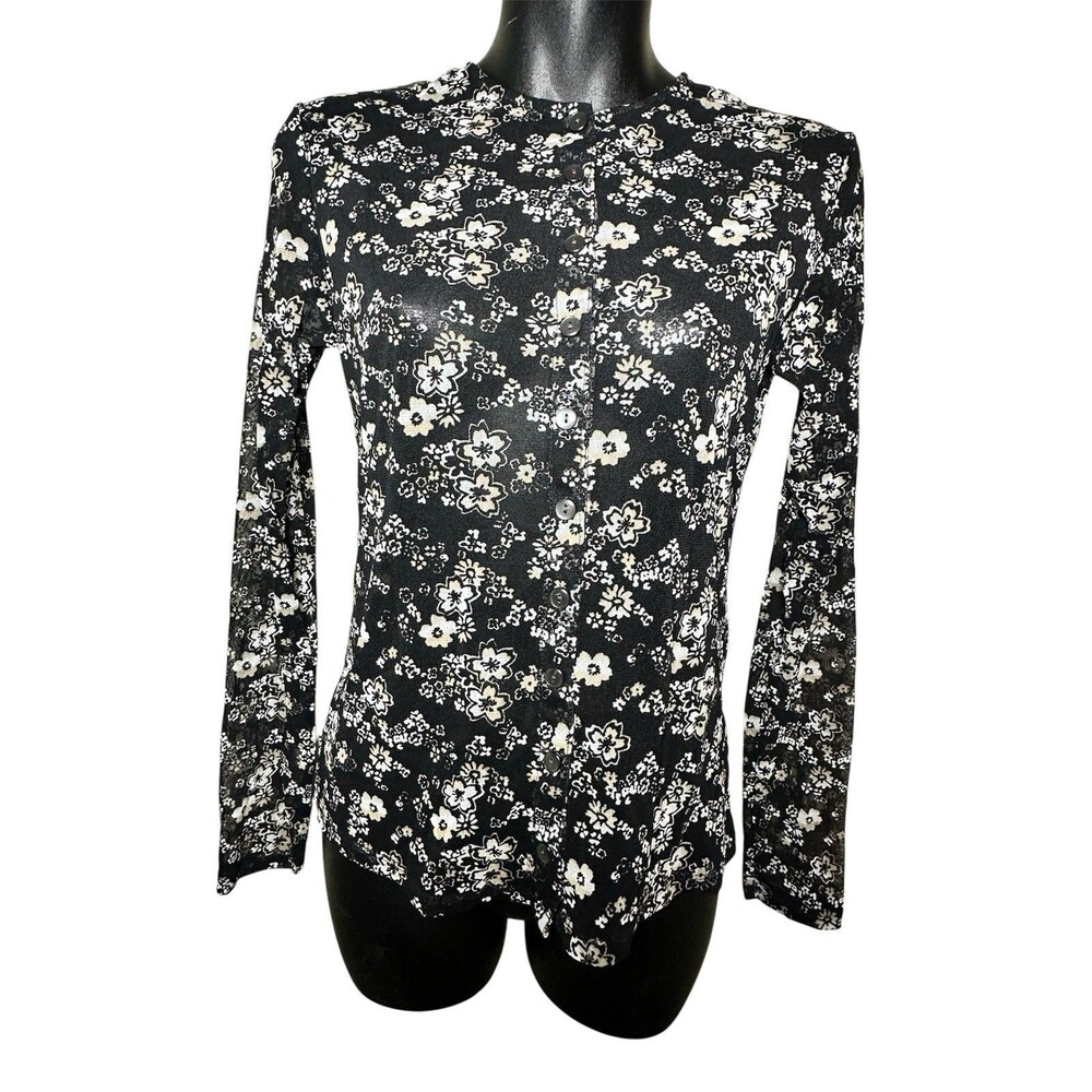 New York & Company button down long sleeve sheer blouse black floral Sz XS